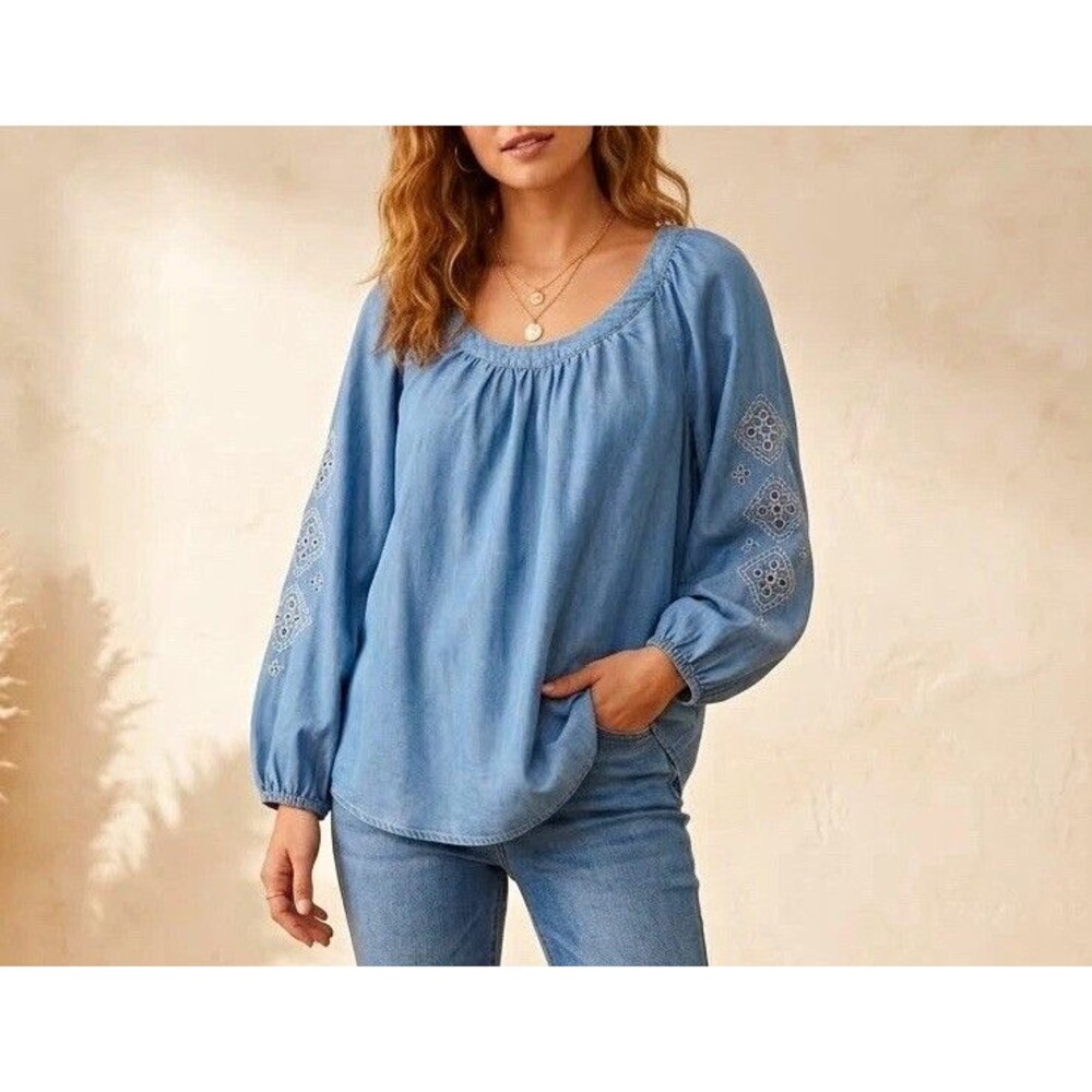 LC Lauren Conrad XL Boho Chambray Peasant Top Embroidered  Sleeve Cottagecore